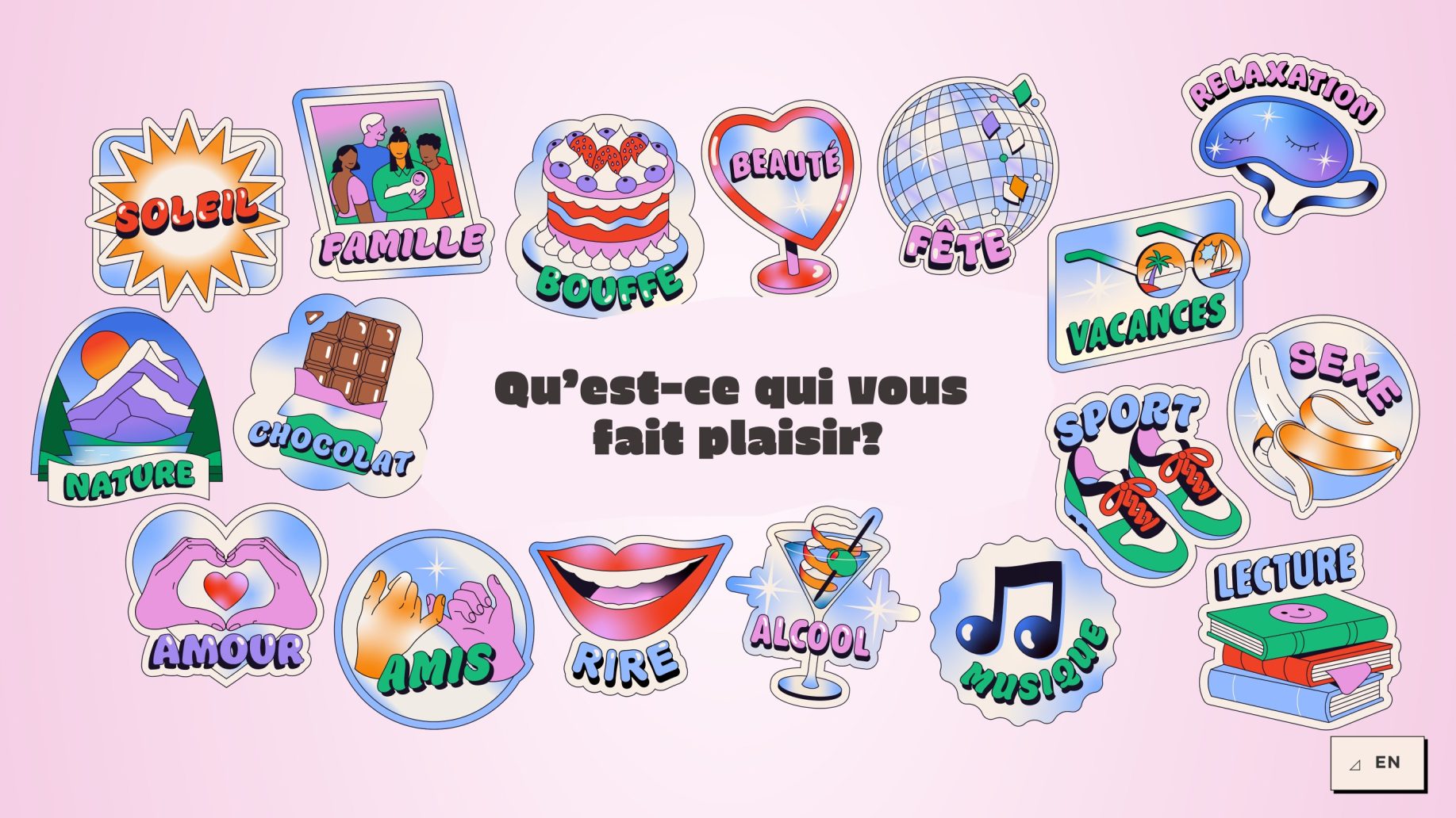Écran de la borne du nuage de mots : vingt mots-stickers autour de la question « Qu'est-ce qui vous fait plaisir? »