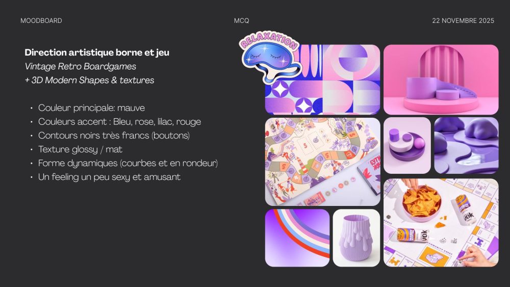 Moodboard Sexcalade : direction artistique de la borne et du jeu, jeux rétro et formes 3D