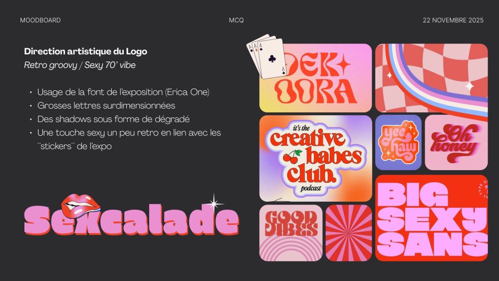 Moodboard Sexcalade : direction artistique du logo, rétro groovy années 70