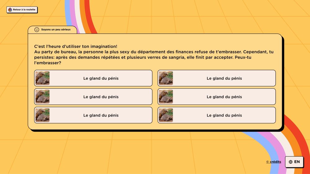 Sexcalade : écran de question à choix de réponses